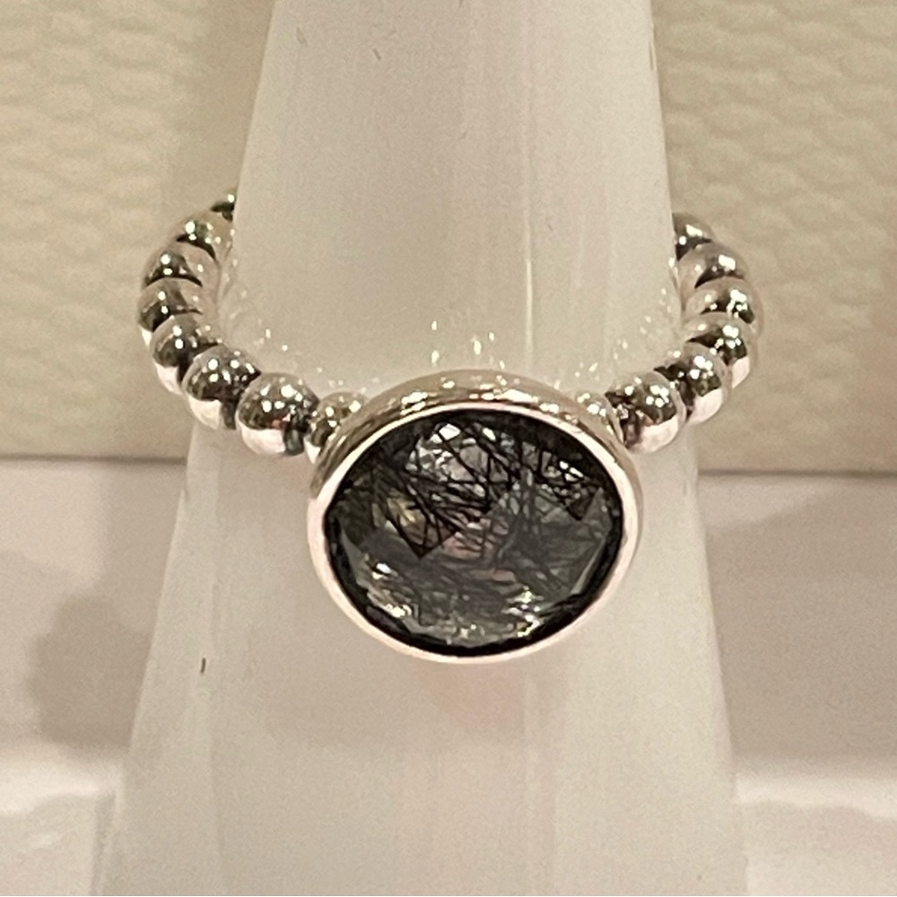 Pandora Silver Beaded Ring with Dark Gray Faceted Stone